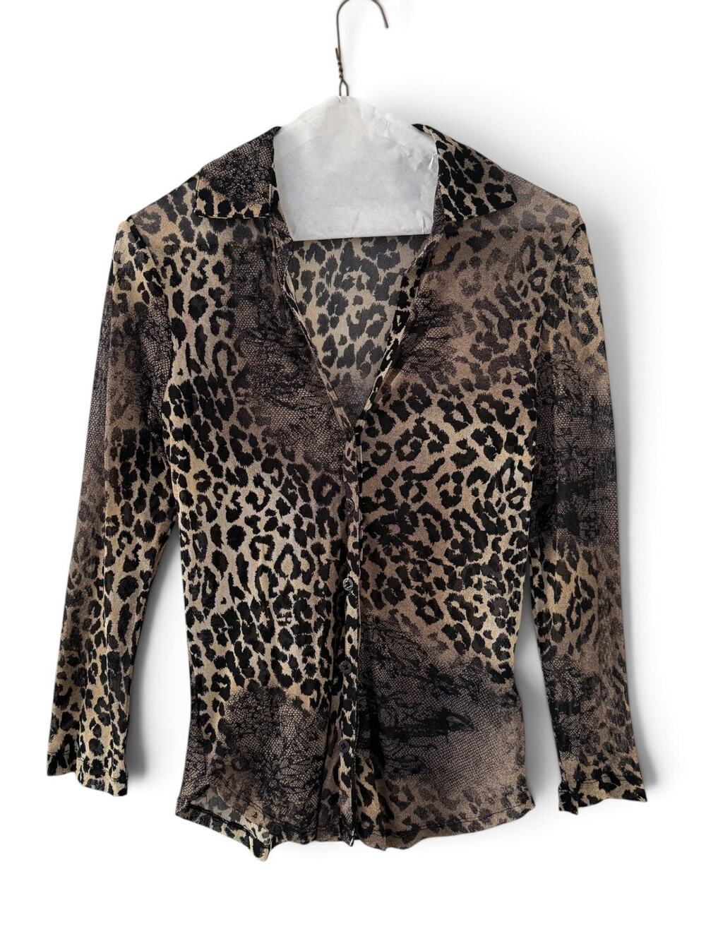 Vintage Y2K Guess Jeans Sheer Leopard + Lace Mesh Top M Button Down 2000s